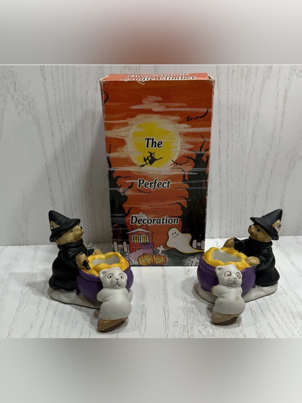 Set Of 2 Vtg Halloween Bear Witch Taper Candle Holder & Candle Topper (See Desc)